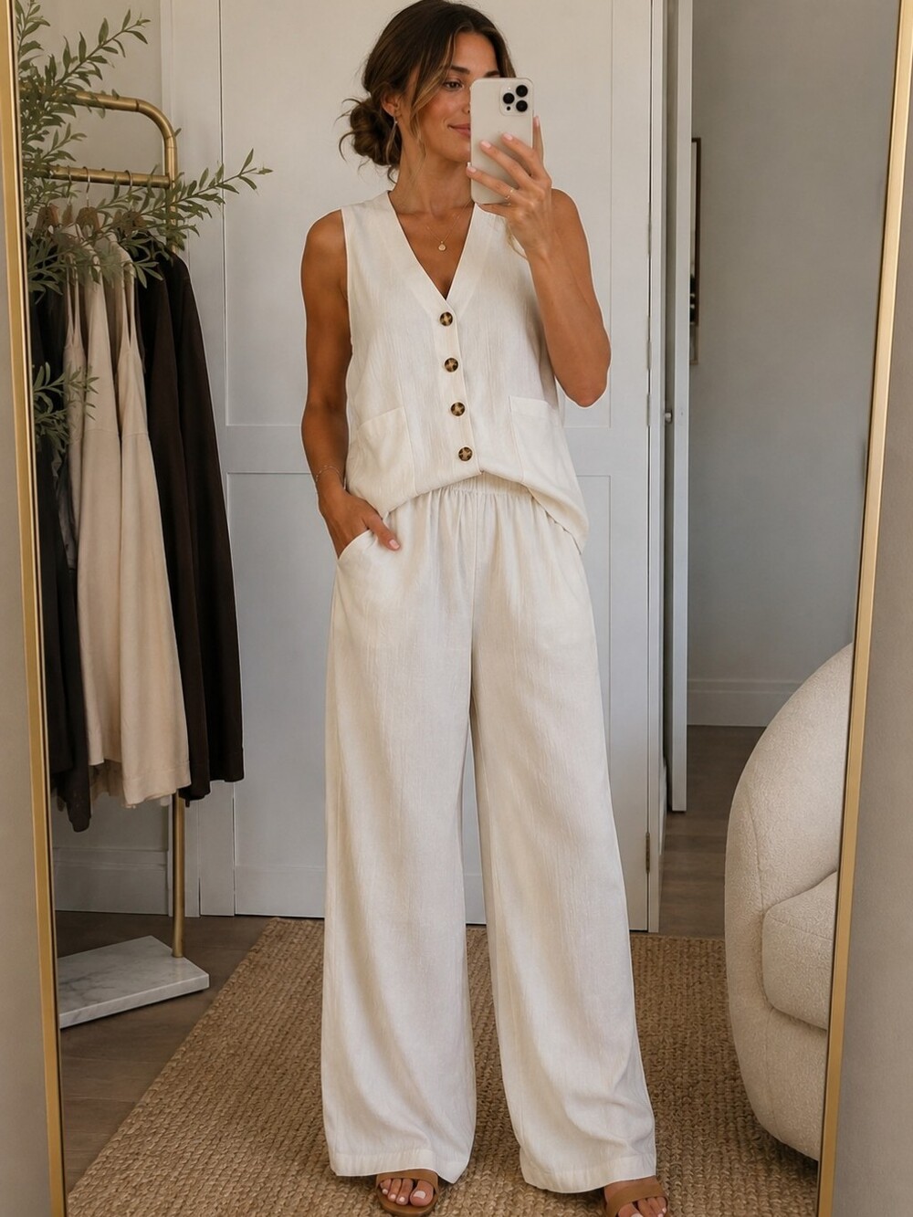 White 2 Piece Vest & Pants Set Tortoise Buttons Resort XL